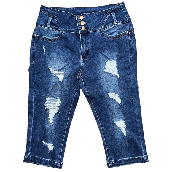 NWOT Flamingo Ripped Mid-Rise Stretch Capri Jeans Women's Large 29X17 - Picture 1 of 7